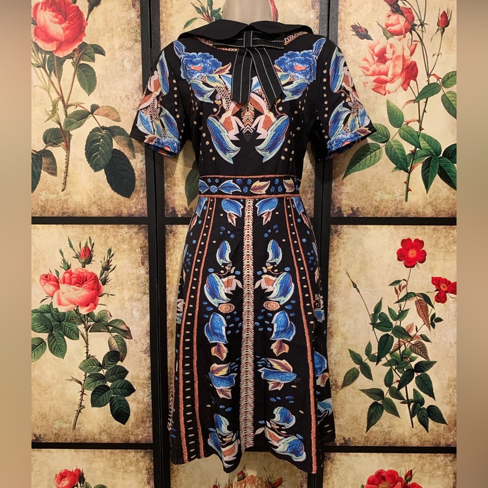 Beautiful Patterned A-Line Dress with Collar and Bow